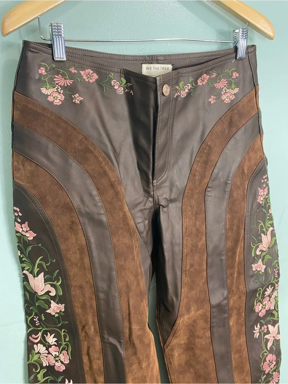 Free People We The Free Belle Embroidered Vegan Leather Brown Pants Floral Sz 10
